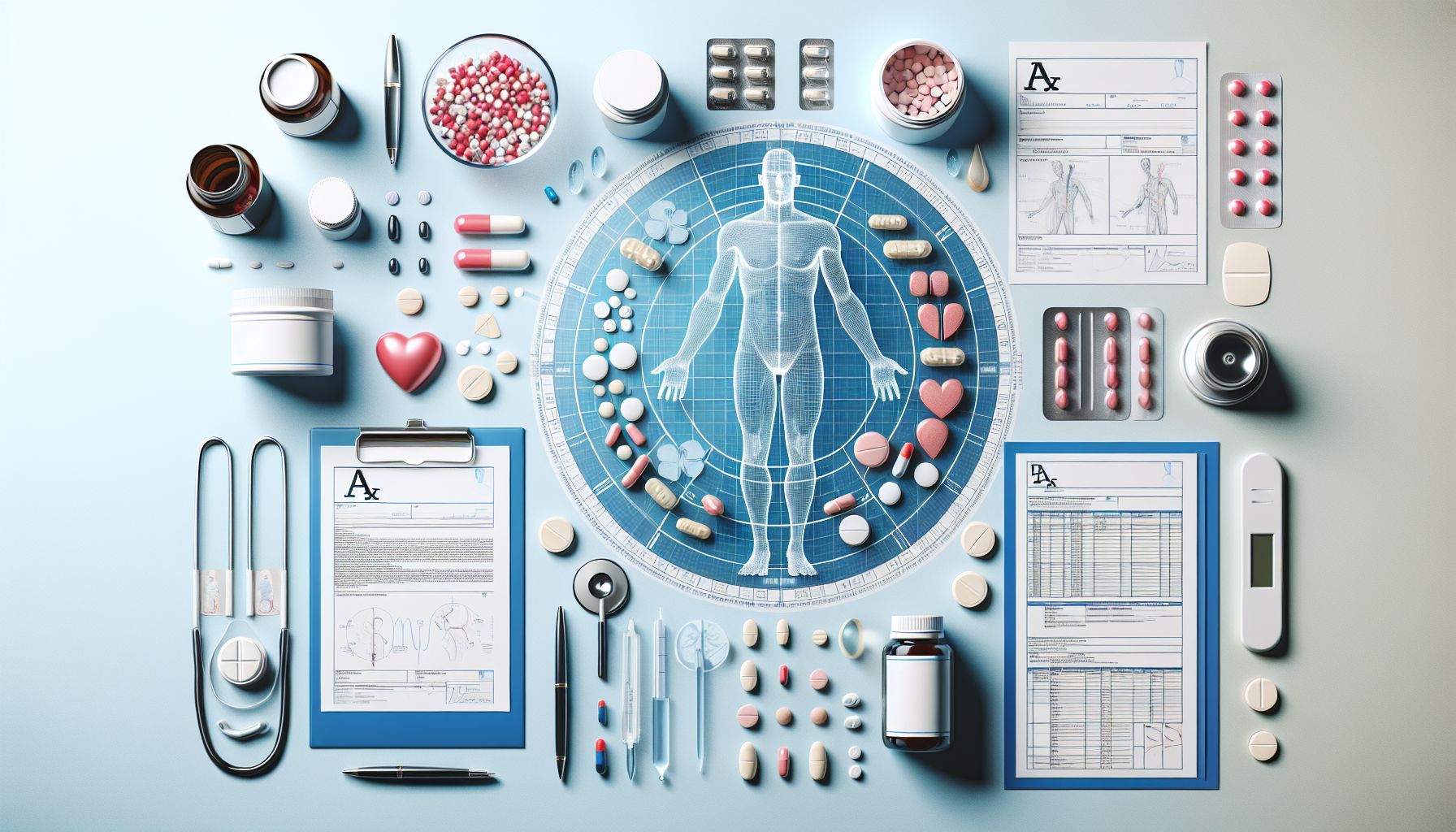 Image of various ED pills and medical tools on a table